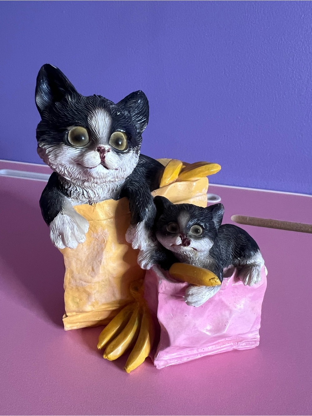 Cat & Kitten with Bananas in Shopping Bags Statue